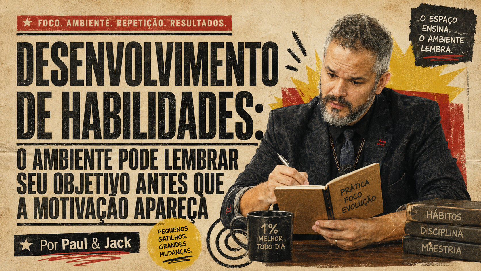 Palestrante escrevendo em um caderno na capa do artigo “Desenvolvimento de habilidades: o ambiente pode lembrar seu objetivo antes que a motivação apareça”