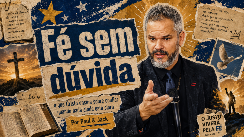 Capa 16:9 em estilo colagem cristã vintage com o título “Fé sem dúvida”, um palestrante em destaque e elementos visuais como cruz, Bíblia, pomba, estrelas e papéis rasgados.