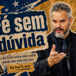 Capa 16:9 em estilo colagem cristã vintage com o título “Fé sem dúvida”, um palestrante em destaque e elementos visuais como cruz, Bíblia, pomba, estrelas e papéis rasgados.