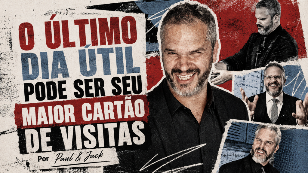 Capa 16:9 em estilo pôster editorial grunge com Paul Friedericks em destaque e o título “O último dia útil pode ser seu maior cartão de visitas”