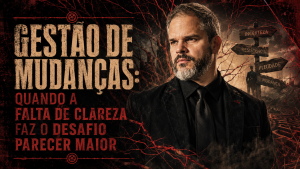 alestrante em cena com estética grunge em preto, branco e rosa, ilustrando o tema gestão de mudanças e a importância da clareza para reduzir a percepção de dificuldade