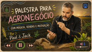 Capa de artigo com Paul & Jack em cenário de agronegócio, segurando uma espiga de trigo diante de uma plantação ao pôr do sol, com o título “Palestra para Agronegócio, com mágica, vendas e motivação”