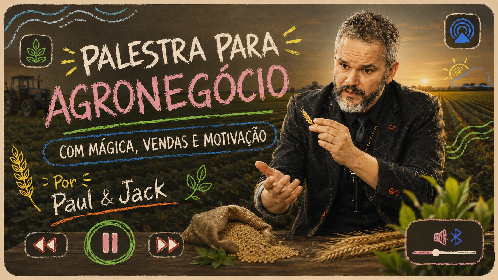 Capa de artigo com Paul & Jack em cenário de agronegócio, segurando uma espiga de trigo diante de uma plantação ao pôr do sol, com o título “Palestra para Agronegócio, com mágica, vendas e motivação”