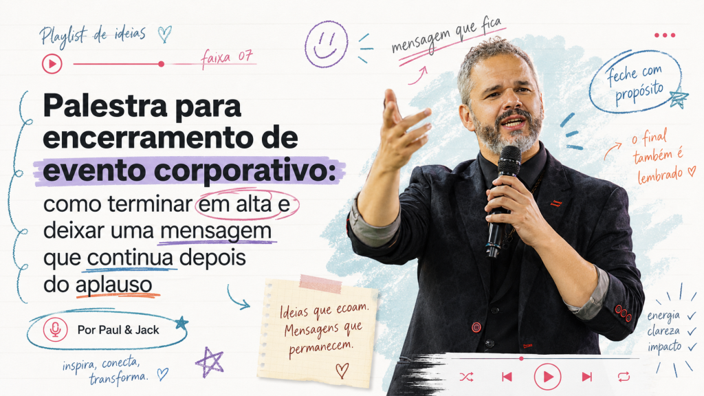 Paul & Jack em capa sobre palestra para encerramento de evento corporativo, com mensagem, energia e impacto.