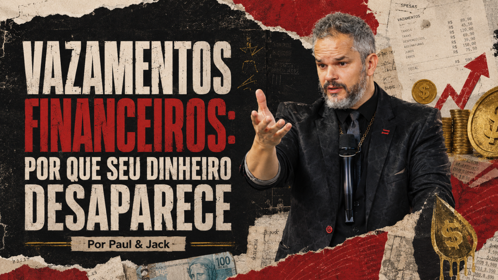 Paul Friedericks em capa de artigo sobre vazamentos financeiros, com notas, moedas, gráficos e elementos que simbolizam dinheiro escapando