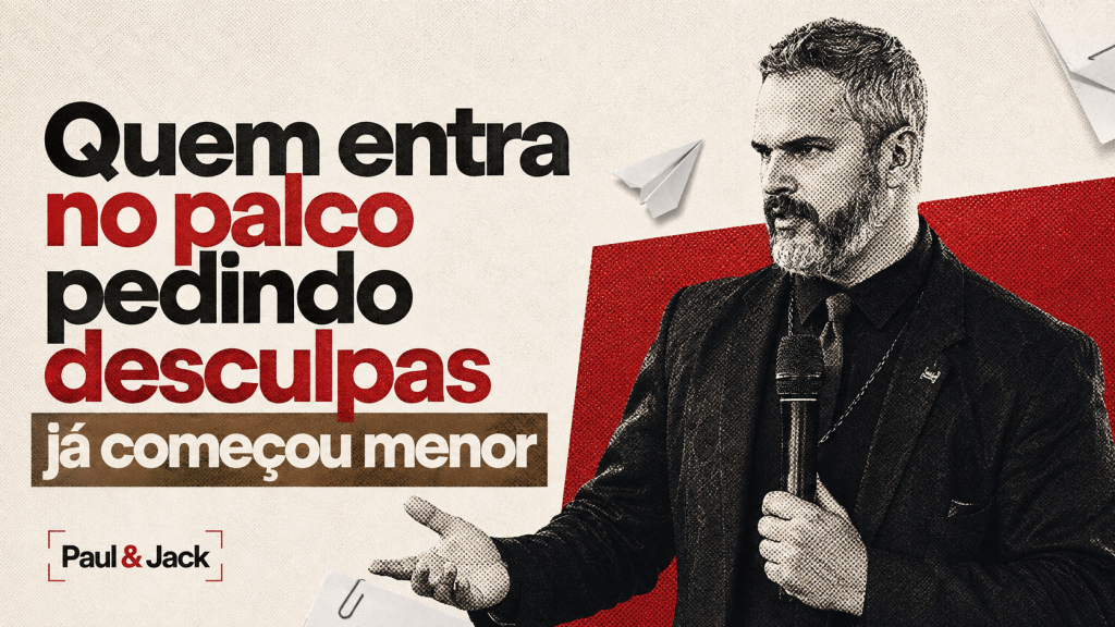 Paul em destaque na capa do artigo “Quem entra no palco pedindo desculpas já começou menor”, em composição editorial nas cores preto, vermelho e bege.