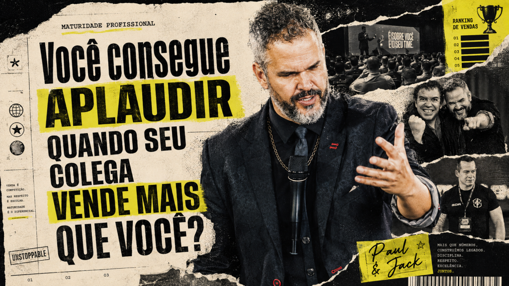 Paul em destaque na capa do artigo “Você consegue aplaudir quando seu colega vende mais que você?”, em arte editorial sobre competitividade no trabalho e maturidade profissional.