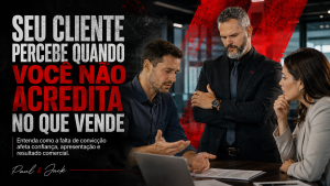 Capa 16:9 de artigo com um palestrante de terno preto observando uma conversa entre um vendedor e uma cliente em uma mesa de reunião, com o título “Seu cliente percebe quando você não acredita no que vende”.
