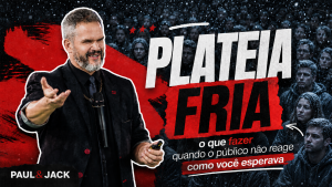 Capa 16:9 com um palestrante de terno preto em primeiro plano, diante de uma plateia fria e congelada sob neve caindo, com o título “Plateia fria: o que fazer quando o público não reage como você esperava”.