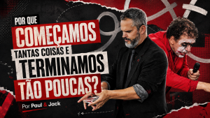 Paul e Jack em arte vermelha e preta para o artigo “Por que começamos tantas coisas e terminamos tão poucas?”, com mágica, cartas e performance no palco.