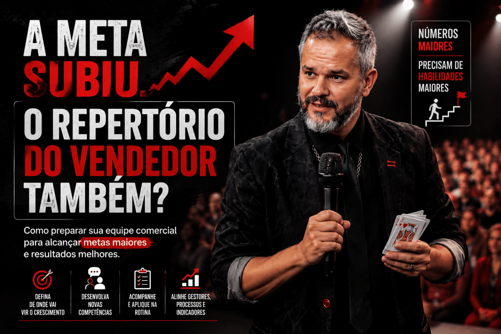 Paul, do Paul & Jack, em palestra com microfone e cartas na mão, ao lado do título “A meta subiu. O repertório do vendedor também?”.