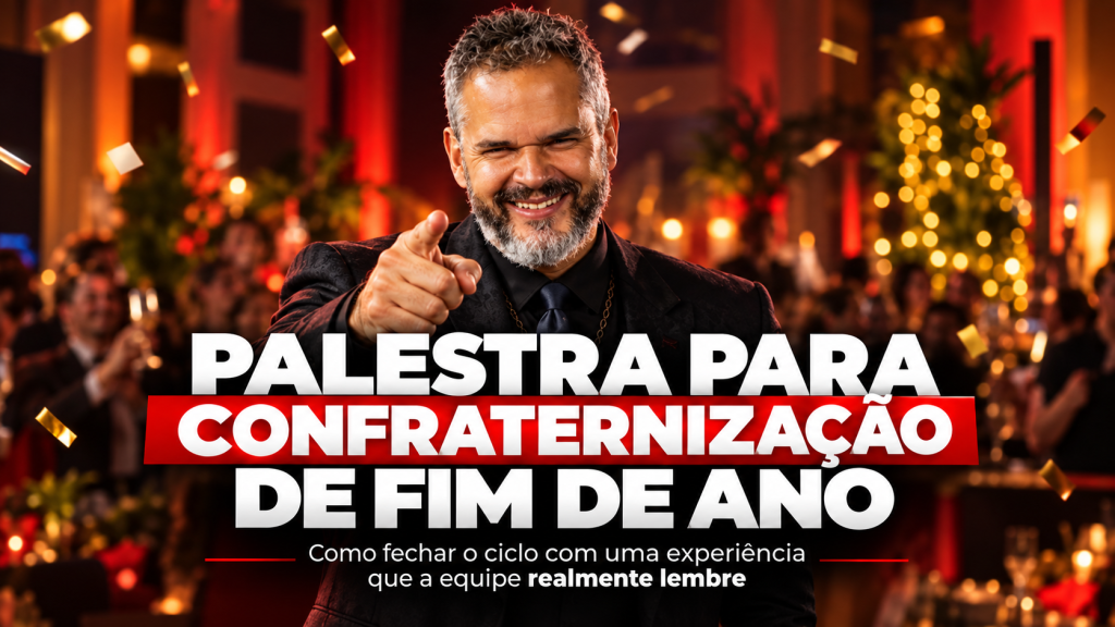 Paul & Jack em palestra para confraternização de fim de ano, em ambiente corporativo festivo com público e decoração de encerramento de ano.