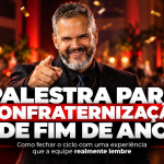 Paul & Jack em palestra para confraternização de fim de ano, em ambiente corporativo festivo com público e decoração de encerramento de ano.