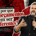 Paul em composição editorial vermelha ao lado do título “Uma palestra dura uma hora. Então por que dois orçamentos podem ser tão diferentes?”.