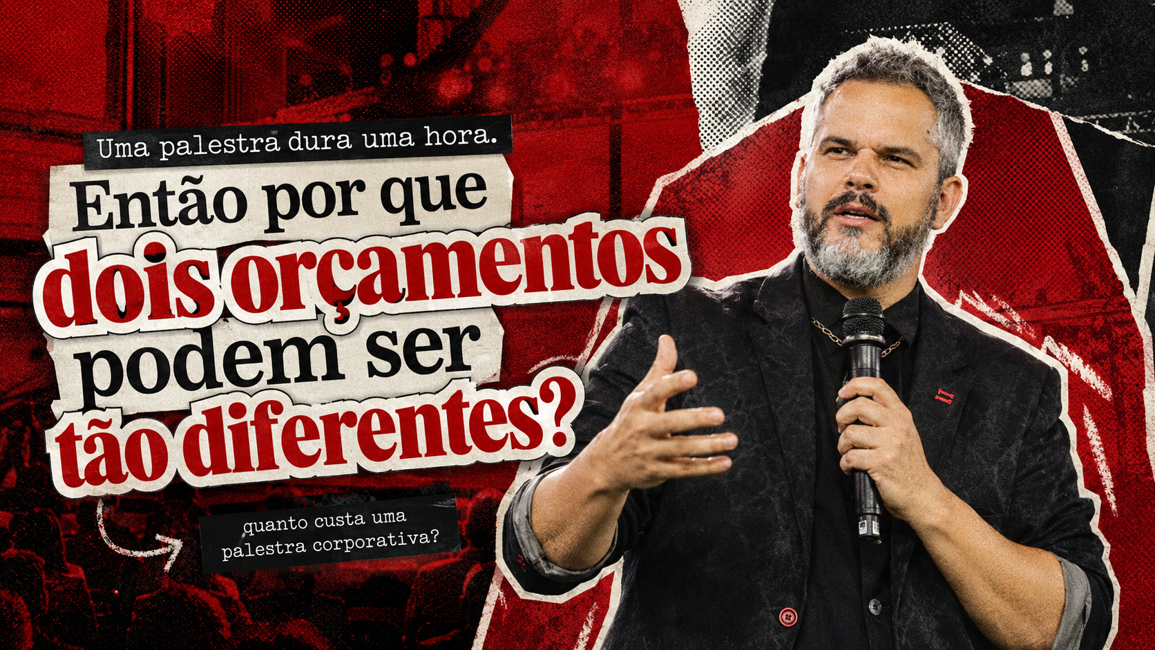 Paul em composição editorial vermelha ao lado do título “Uma palestra dura uma hora. Então por que dois orçamentos podem ser tão diferentes?”.