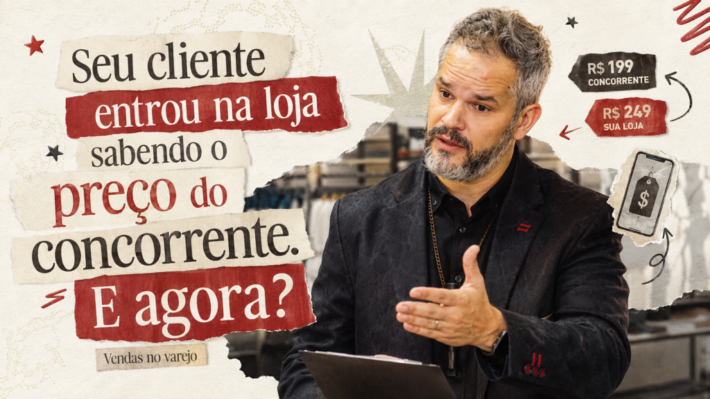 Paul em cenário de varejo ao lado do título “Seu cliente entrou na loja sabendo o preço do concorrente. E agora?”, com elementos visuais de comparação de preços.