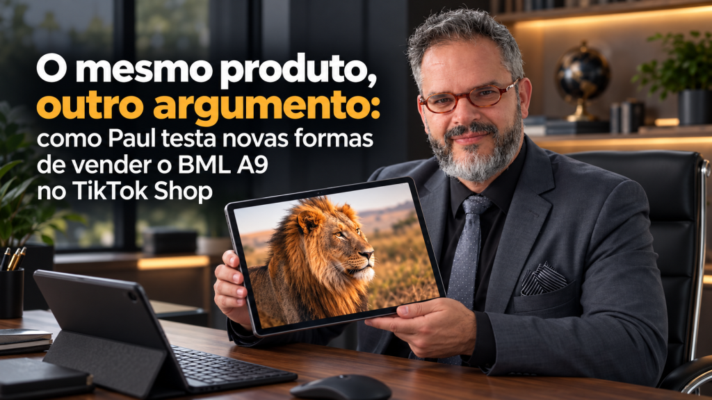 Paul, do Paul & Jack, segura um tablet BML A9 com imagem de leão na tela, em escritório moderno, em capa sobre diferentes argumentos de venda no TikTok Shop.