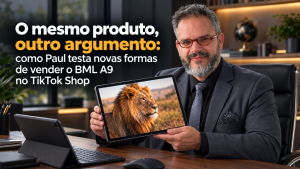 Paul, do Paul & Jack, segura um tablet BML A9 com imagem de leão na tela, em escritório moderno, em capa sobre diferentes argumentos de venda no TikTok Shop.