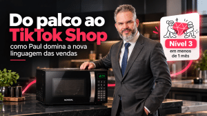 Paul, do Paul & Jack, ao lado de um micro-ondas Mondial em uma cozinha moderna, com destaque para o TikTok Shop e a conquista do Nível 3 em menos de um mês.