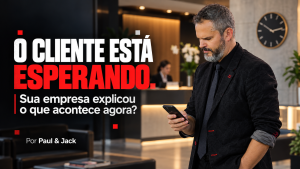 Paul & Jack olhando o celular em uma recepção, ao lado do título “O cliente está esperando. Sua empresa explicou o que acontece agora?”