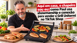 Paul, do Paul & Jack, apresenta um Grill Unitermi aberto com frango, legumes e sanduíches em uma cozinha, em capa sobre showmanship, conexão e vendas no TikTok Shop.