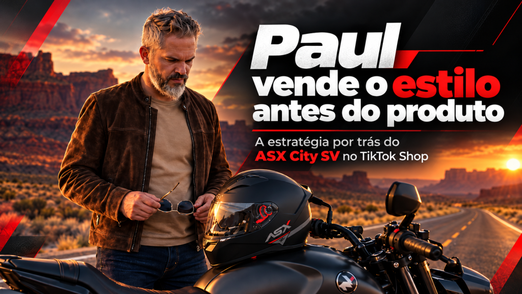 Paul, do Paul & Jack, ao lado de uma motocicleta e de um capacete ASX City SV em uma estrada ao pôr do sol, em capa sobre estratégia de vendas no TikTok Shop.