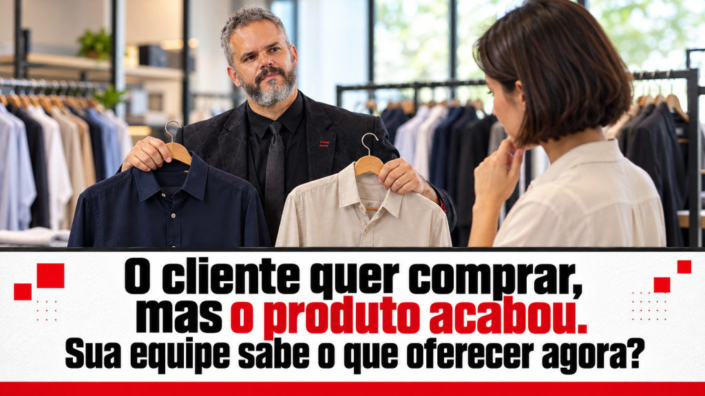 Paul apresenta duas opções de camisa a uma cliente em uma loja, em capa sobre produto fora de estoque.